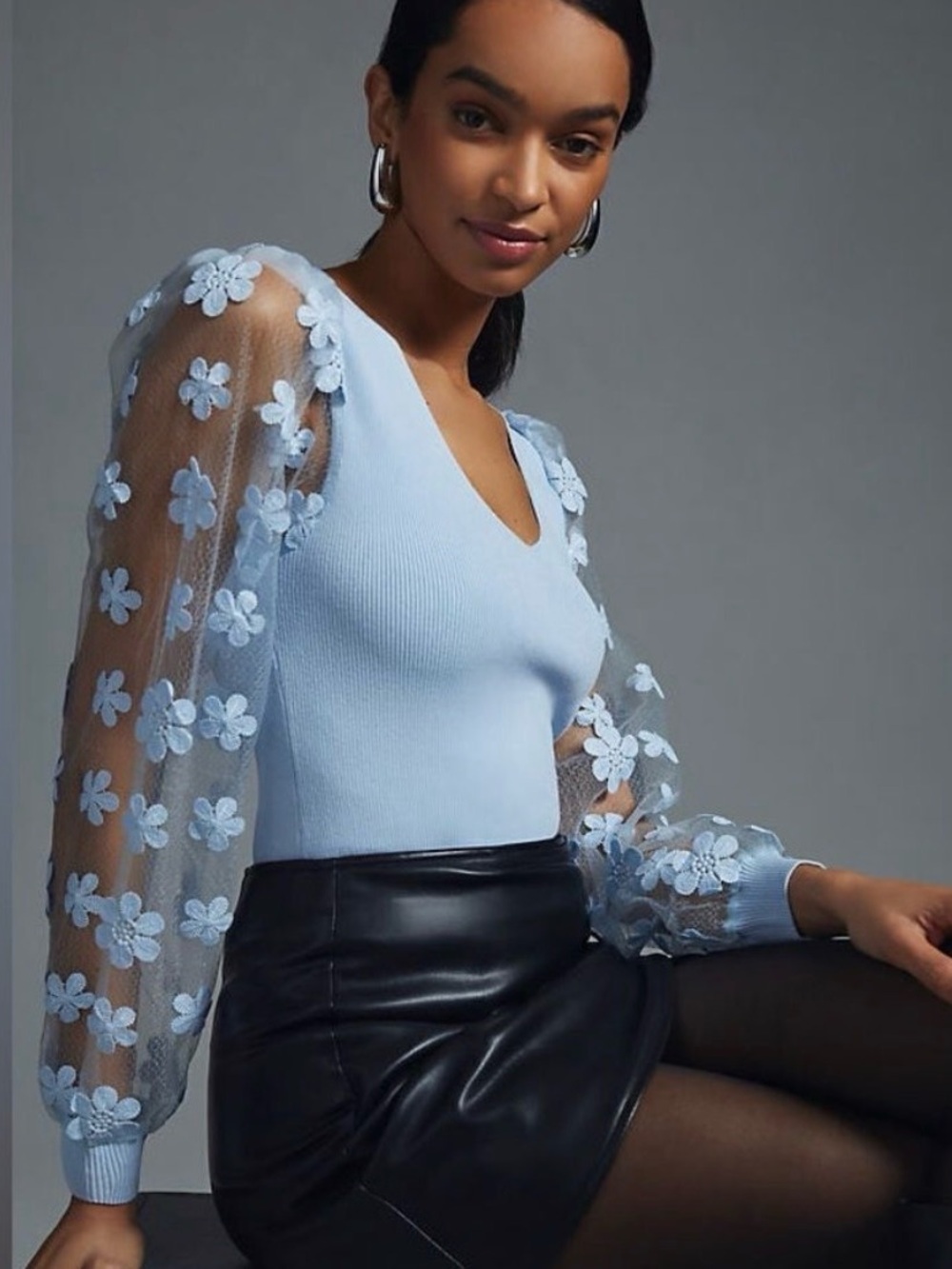 Floral Mesh-Sleeve V-Neck Sweater Top — Light Blue